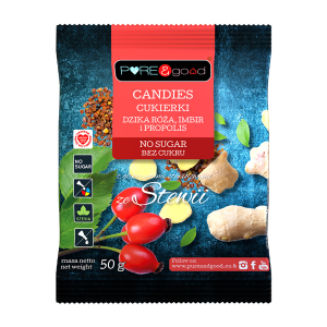CUKIERKI Z DZIKĄ RÓŻĄ, IMBIREM I PROPOLISEM ZE STEWIĄ BEZ CUKRU 50 G. - PURE & GOOD