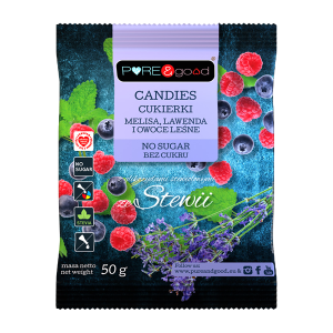 CUKIERKI Z MELISĄ,LAWENDĄ I OWOCAMI LEŚNYMI ZE STEWIĄ BEZ CUKRU 50 G. - PURE & GOOD