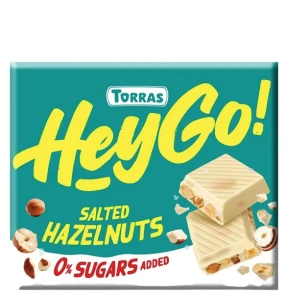 HeyGo! CZEKOLADA BIAŁA Z ORZECHAMI LASKOWYMI I SOLĄ MORSKĄ BEZ DODATKU CUKRU BEZGLUTENOWA 60 G. - TORRAS